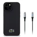 Apple iPhone 15 Kılıf Lacoste Orjinal Lisanslı PU Pike Desenli Arka Yüzey İkonik Timsah Dokuma Logolu Kapak + Type-C Kablo 1.5m