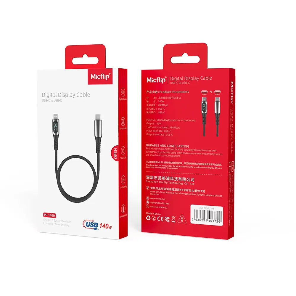 Micflip A08 Type-C to Type-C 140W PD Şarj ve Data Kablosu, LED Ekranlı 1 m