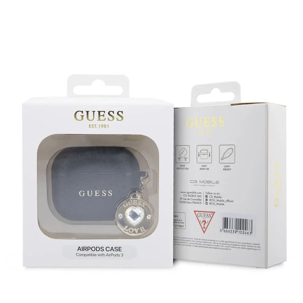 AirPods 3. Nesil Kılıf, Lisanslı Guess Glitter Kalp Süs Zincirli Kapak