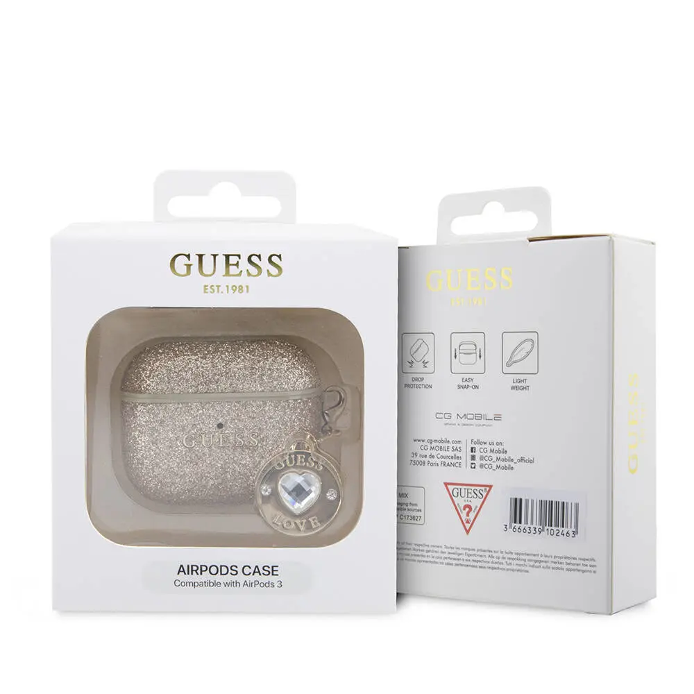AirPods 3. Nesil Kılıf, Lisanslı Guess Glitter Kalp Süs Zincirli Kapak