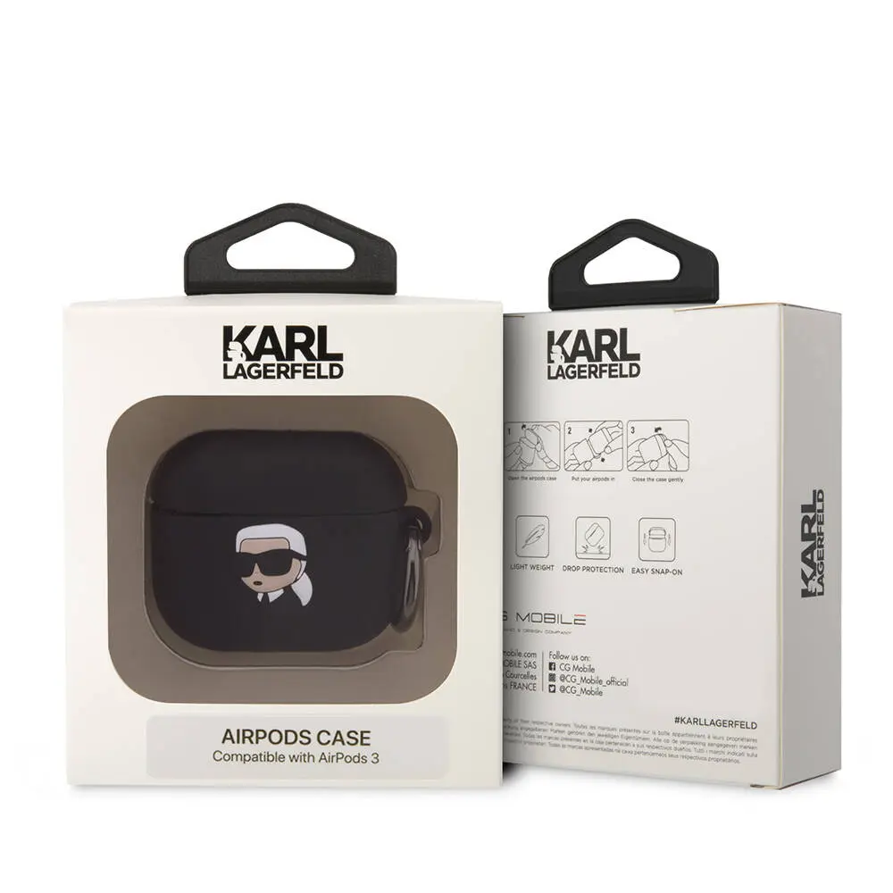 AirPods 3. Nesil Kılıf, Karl Lagerfeld Lisanslı 3D Silikon Kapak - Siyah