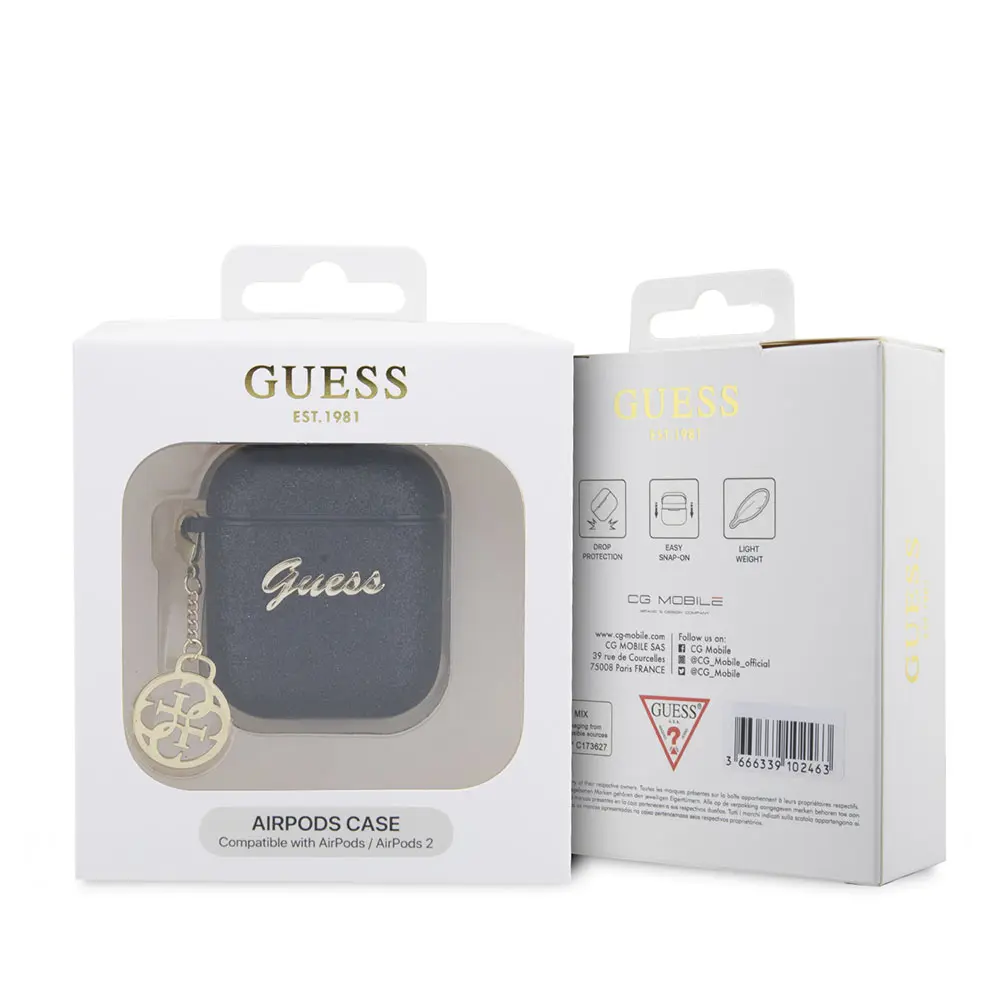 AirPods Kılıfı, Kablosuz Şarj Uyumlu Darbe Emici Kapak - Guess Glitter 4G Charm