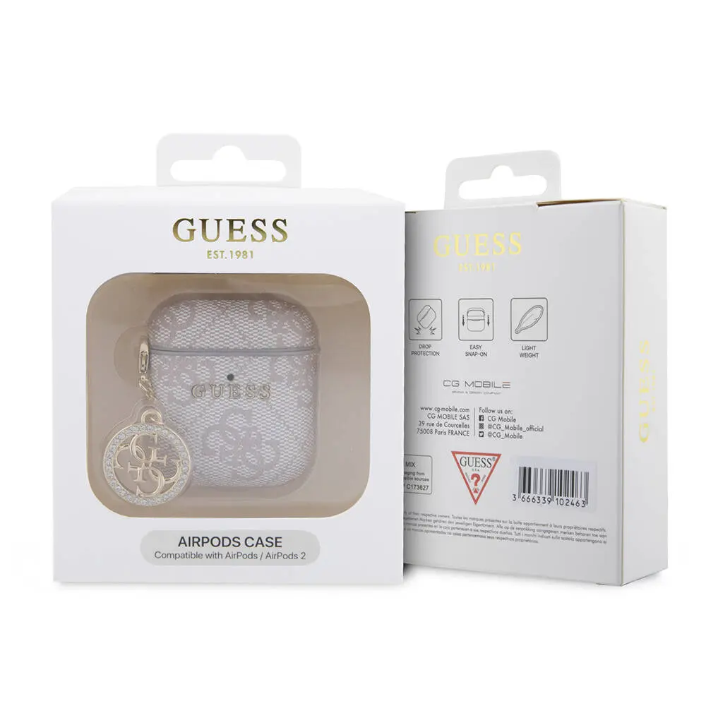 AirPods Uyumlu Guess Lisanslı Taşlı Kılıf, 4G Desenli ve Süs Zincirli