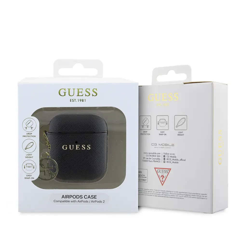 AirPods Uyumlu Dokulu Saffiano Kılıf, Yuvarlak Süs Zincirli - Guess