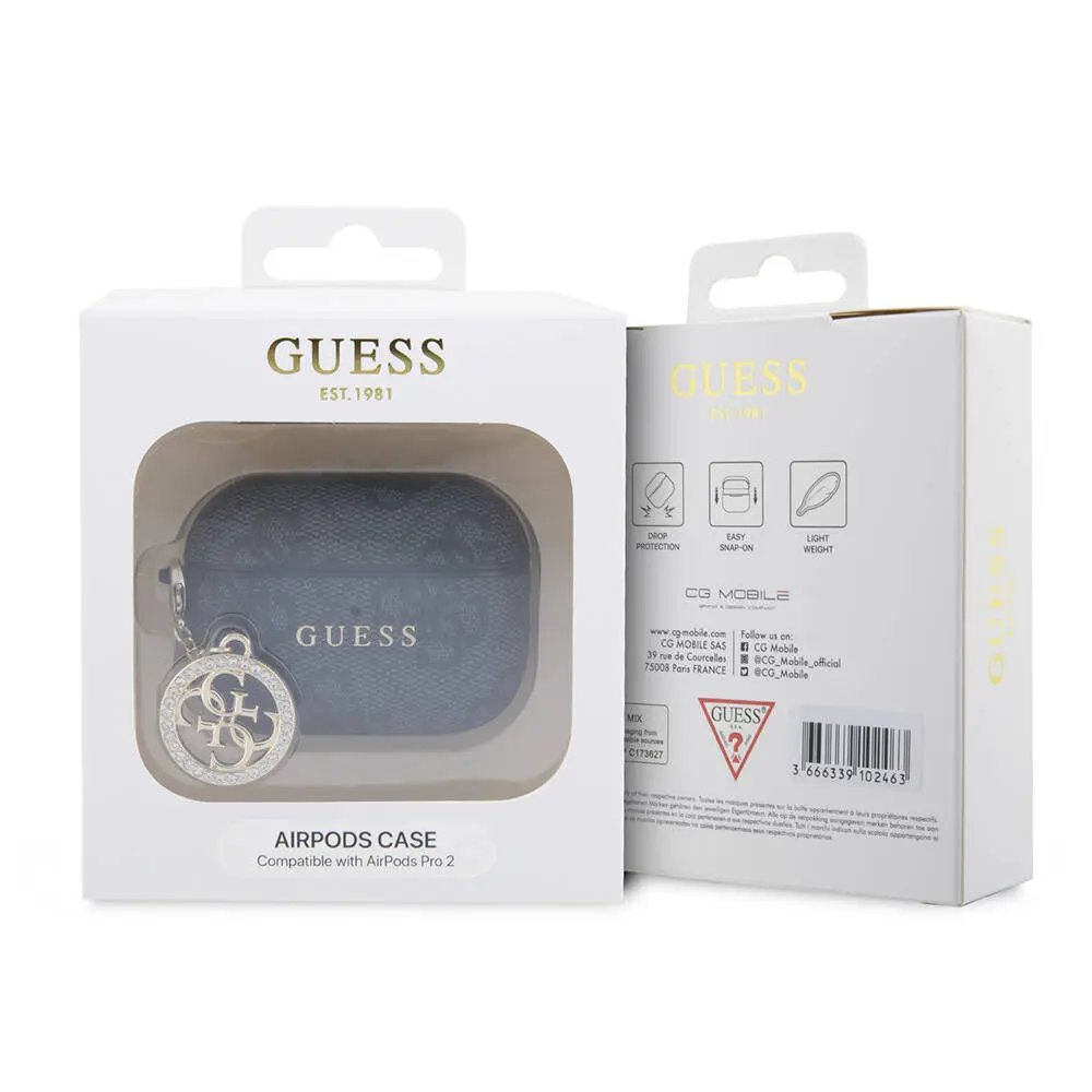 AirPods Pro 2 Uyumlu Taşlı Süs Zincirli Kılıf - Guess 4G Desenli