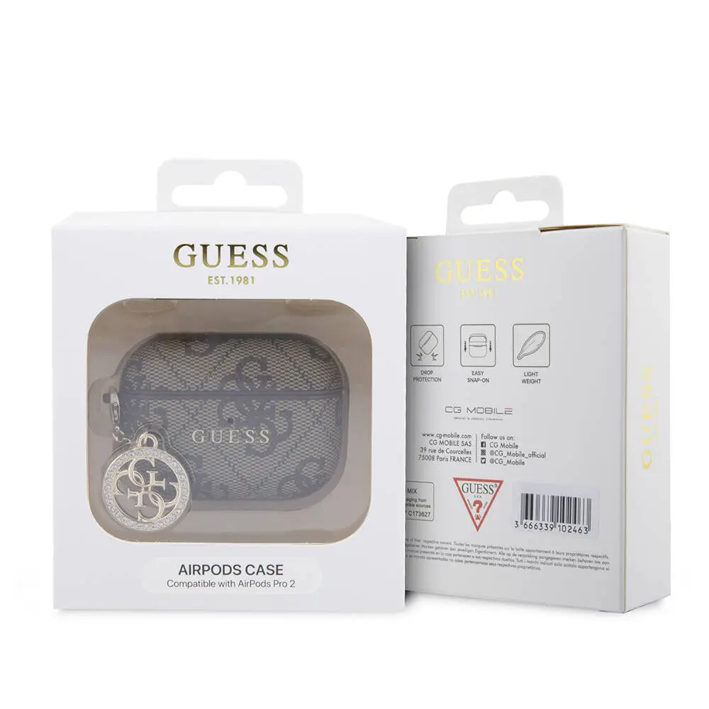 AirPods Pro 2 Uyumlu Taşlı Süs Zincirli Kılıf - Guess 4G Desenli