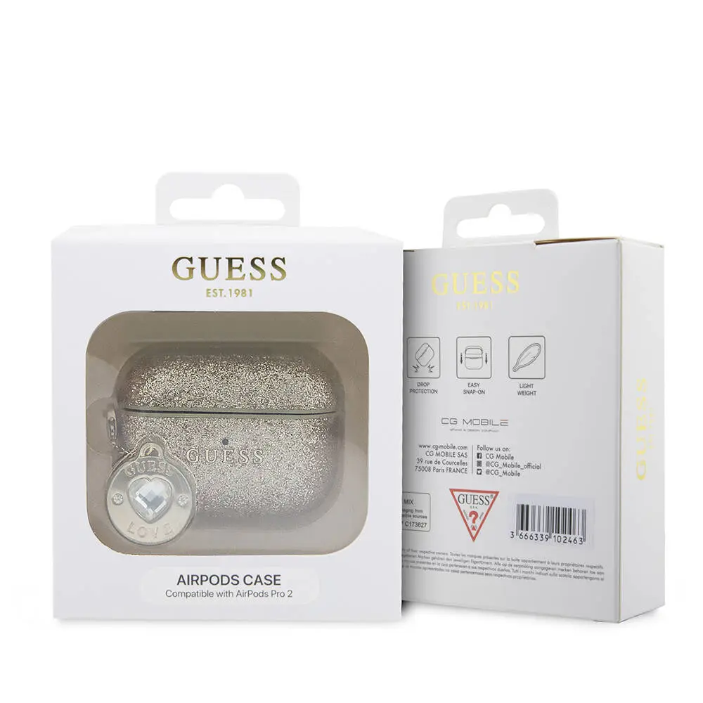 AirPods Pro 2 Kılıf Guess Lisanslı Glitter Kalp Süs Zincirli Kapak