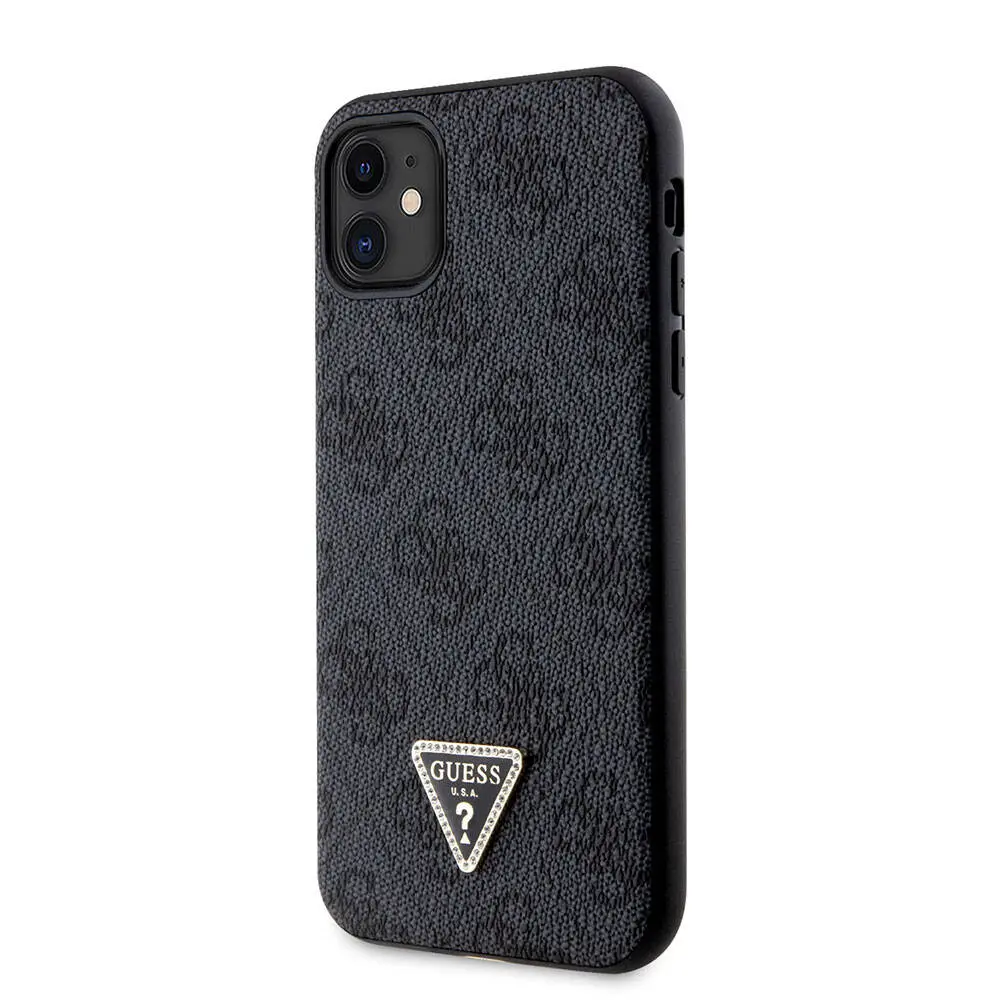 iPhone 11 Kılıf Guess Lisanslı PU Deri Taşlı Üçgen Logo 4G Desenli