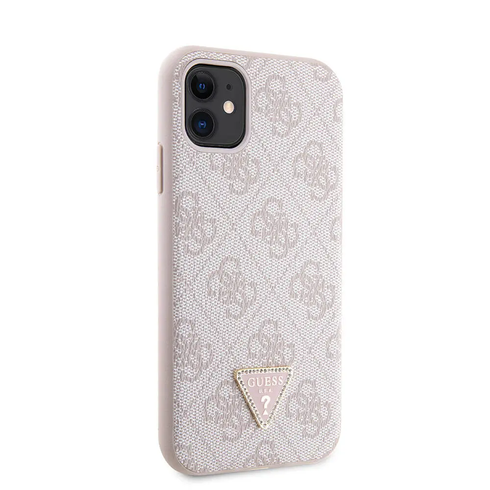 iPhone 11 Kılıf Guess Lisanslı PU Deri Taşlı Üçgen Logo 4G Desenli