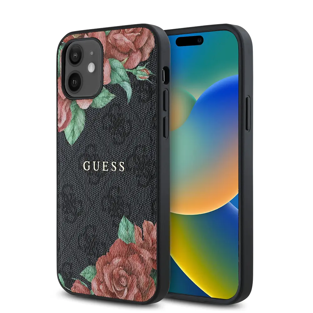 iPhone 12 MagSafe Uyumlu Gül Baskılı Kılıf - Guess 4G Logolu