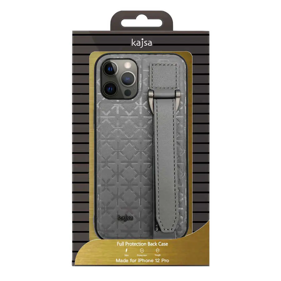 iPhone 12 Pro Max Deri Desenli Kılıf, Tutucu Bantlı - Kajsa Neo Clasic Mono K Strap