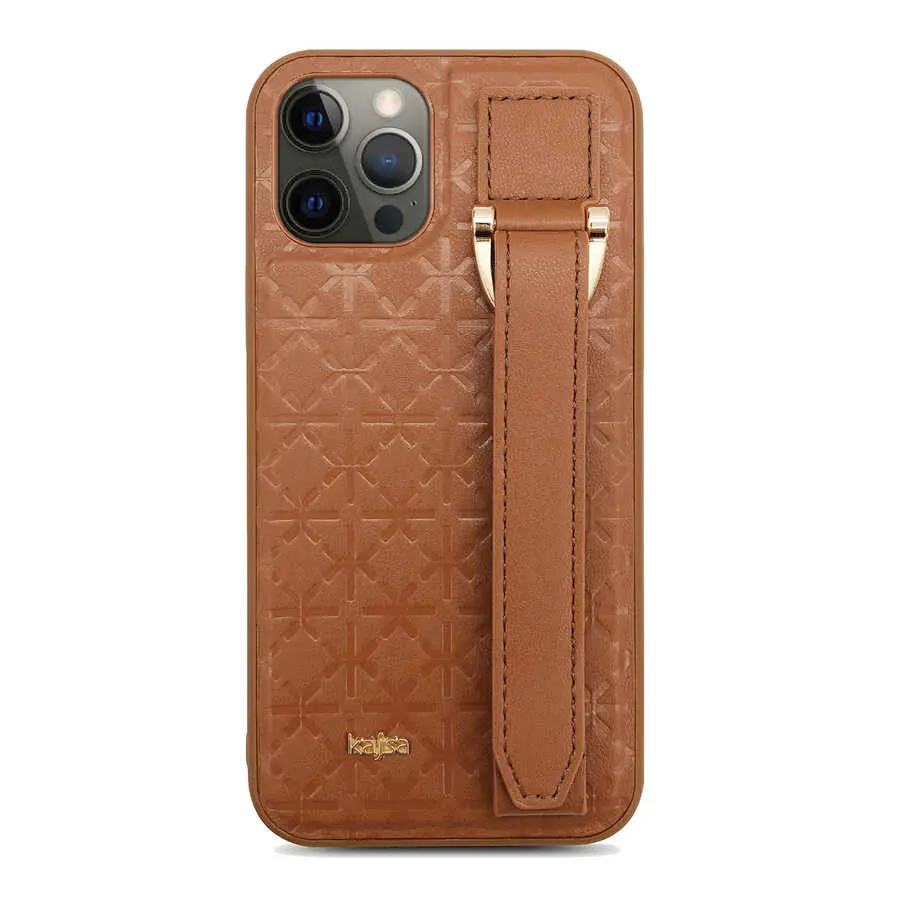 iPhone 12 Pro Max Deri Desenli Kılıf, Tutucu Bantlı - Kajsa Neo Clasic Mono K Strap