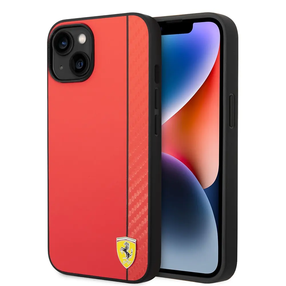 iPhone 14 MagSafe Uyumlu PU Deri Kılıf, Karbon Şeritli - Ferrari