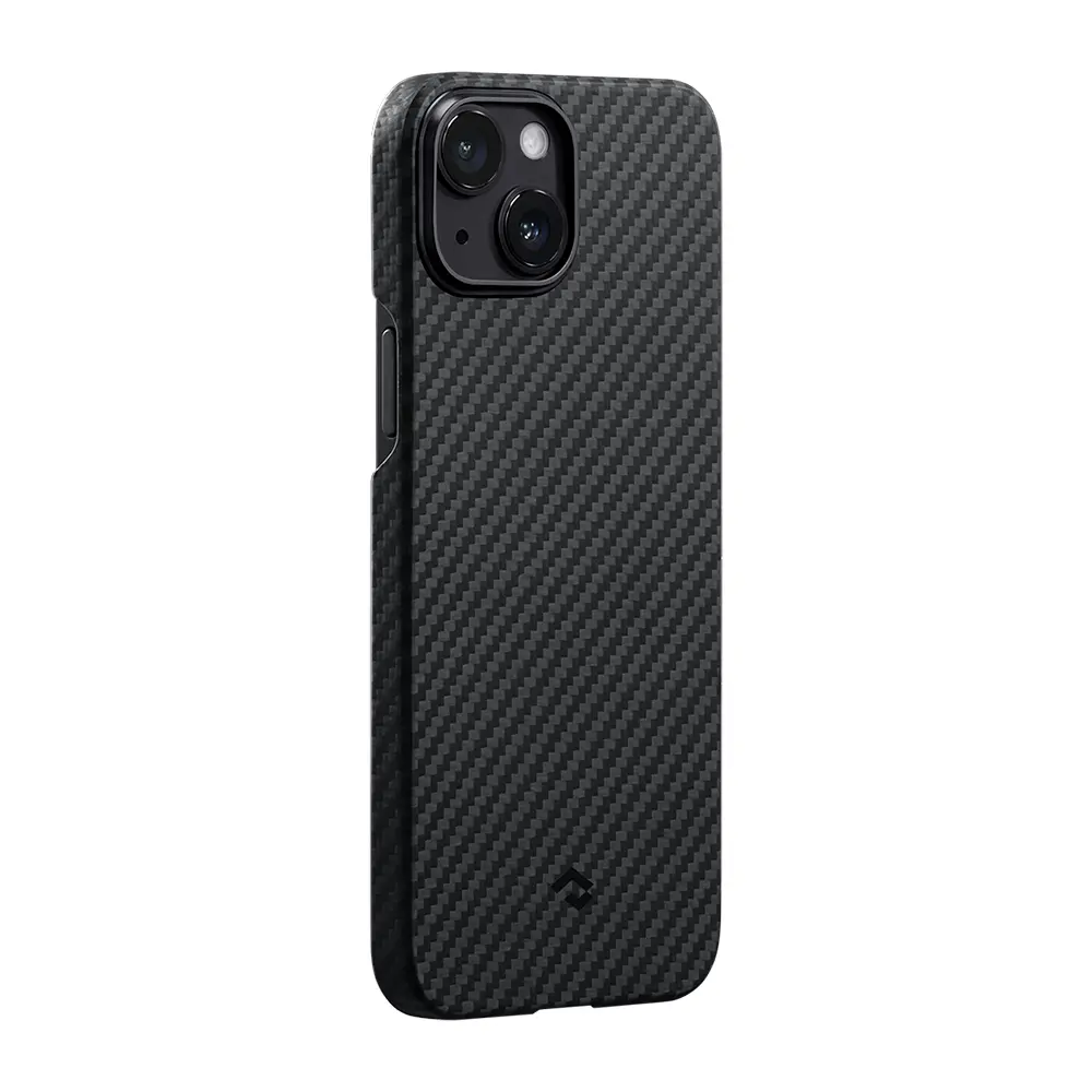Apple iPhone 14 Kılıf M-safe Şarj Özellikli 1500D Aramid Karbon Fiber Pitaka Ultra-Slim Classic Serisi Black-Grey Twill Kapak