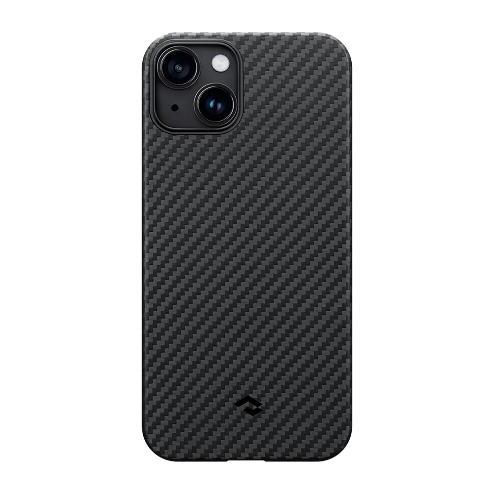 Apple iPhone 14 Kılıf M-safe Şarj Özellikli 1500D Aramid Karbon Fiber Pitaka Ultra-Slim Classic Serisi Black-Grey Twill Kapak