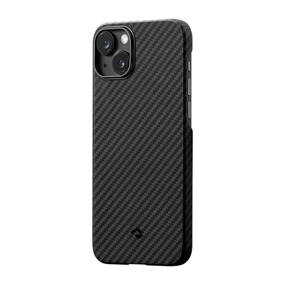Apple iPhone 14 Kılıf M-safe Şarj Özellikli 1500D Aramid Karbon Fiber Pitaka Ultra-Slim Classic Serisi Black-Grey Twill Kapak