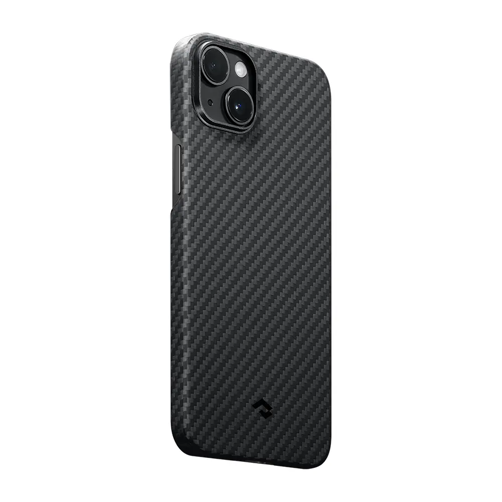 Apple iPhone 14 Kılıf M-safe Şarj Özellikli 1500D Aramid Karbon Fiber Pitaka Ultra-Slim Classic Serisi Black-Grey Twill Kapak