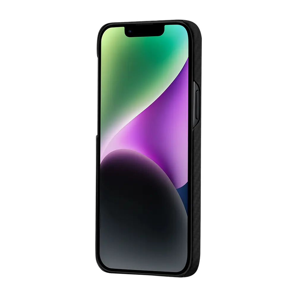 Apple iPhone 14 Kılıf M-safe Şarj Özellikli 1500D Aramid Karbon Fiber Pitaka Ultra-Slim Classic Serisi Black-Grey Twill Kapak