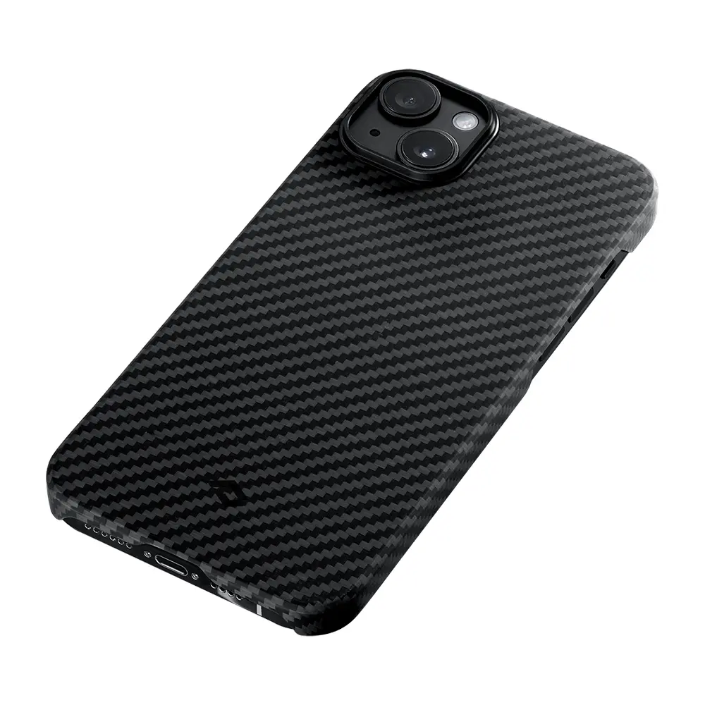 Apple iPhone 14 Kılıf M-safe Şarj Özellikli 1500D Aramid Karbon Fiber Pitaka Ultra-Slim Classic Serisi Black-Grey Twill Kapak