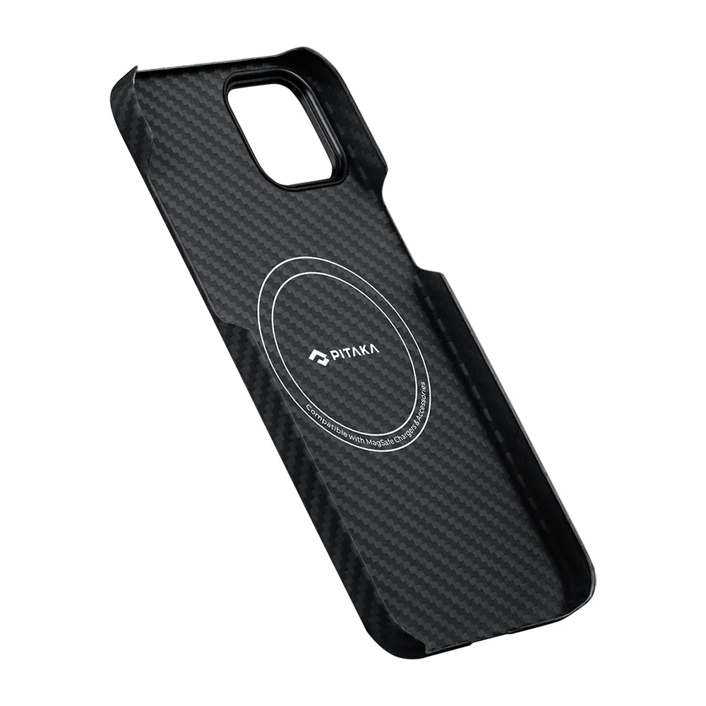 Apple iPhone 14 Kılıf M-safe Şarj Özellikli 1500D Aramid Karbon Fiber Pitaka Ultra-Slim Classic Serisi Black-Grey Twill Kapak