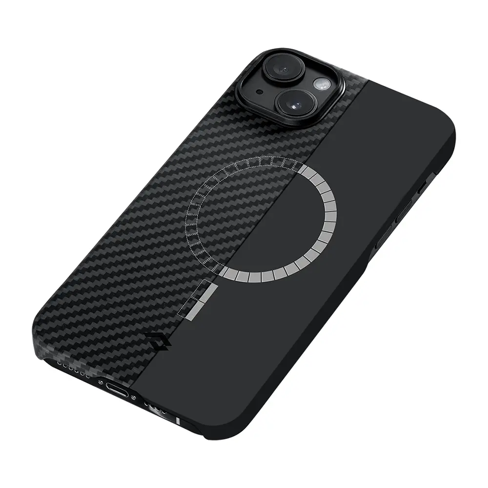 Apple iPhone 14 Kılıf M-safe Şarj Özellikli 1500D Aramid Karbon Fiber Pitaka Ultra-Slim Classic Serisi Black-Grey Twill Kapak