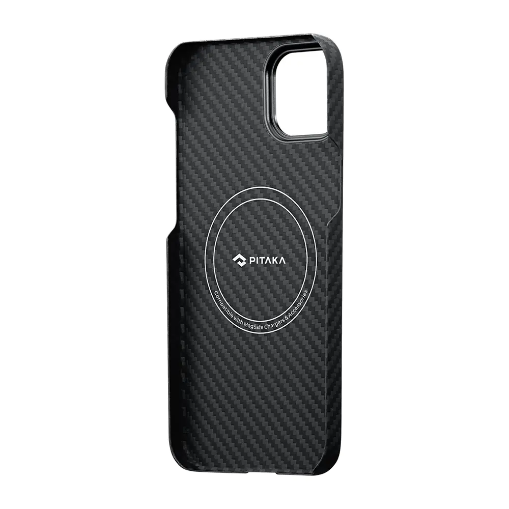 Apple iPhone 14 Kılıf M-safe Şarj Özellikli 1500D Aramid Karbon Fiber Pitaka Ultra-Slim Classic Serisi Black-Grey Twill Kapak