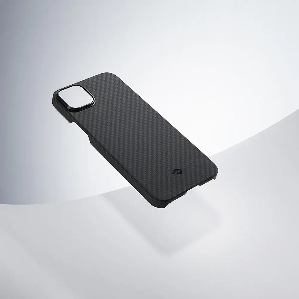 Apple iPhone 14 Kılıf M-safe Şarj Özellikli 1500D Aramid Karbon Fiber Pitaka Ultra-Slim Classic Serisi Black-Grey Twill Kapak