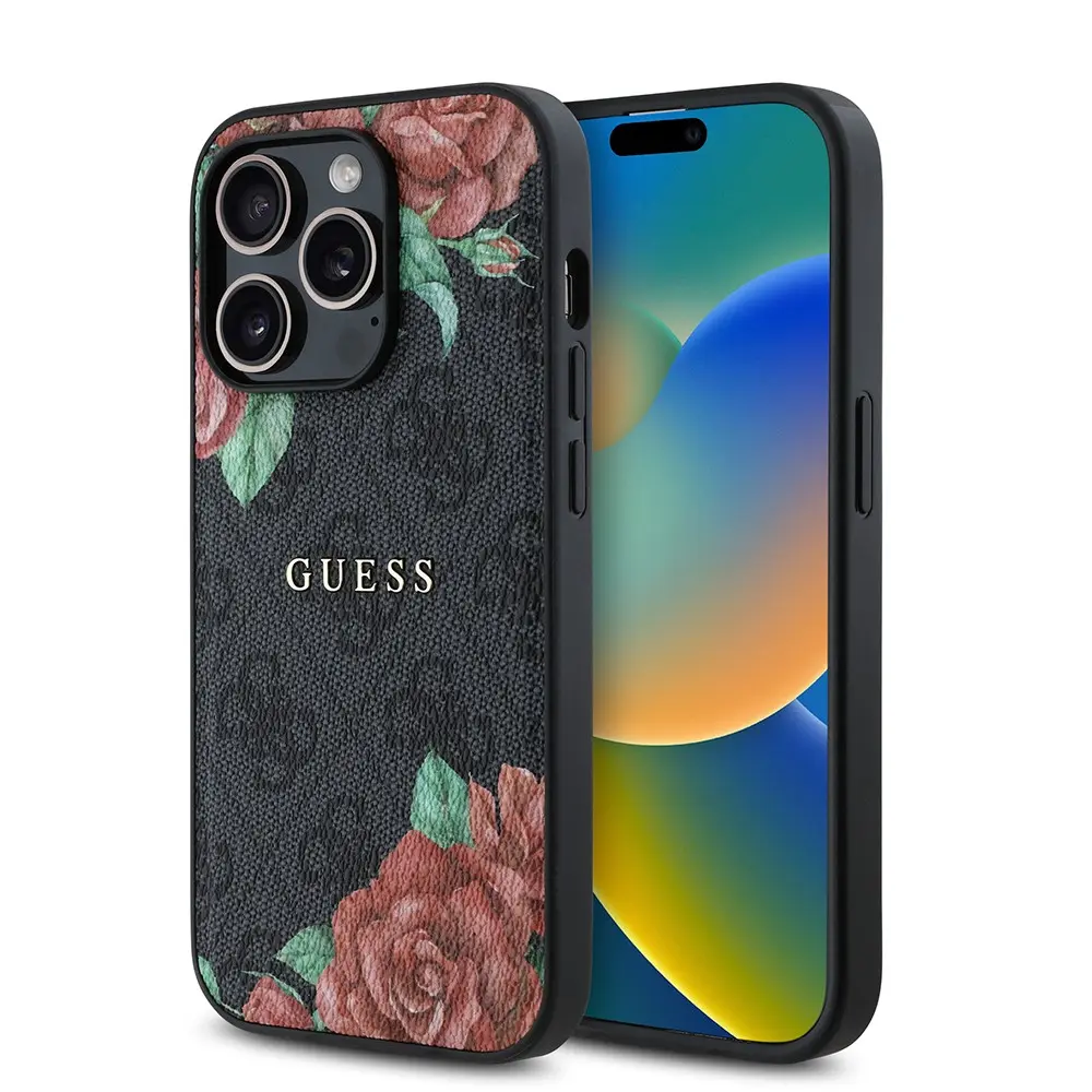 iPhone 14 Pro MagSafe Uyumlu Gül Baskılı Kılıf - Guess 4G Logolu