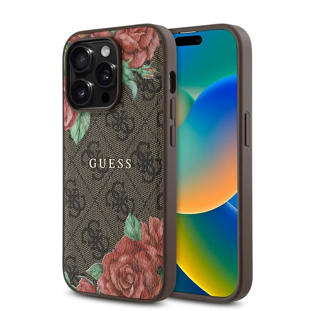 iPhone 14 Pro MagSafe Uyumlu Gül Baskılı Kılıf - Guess 4G Logolu