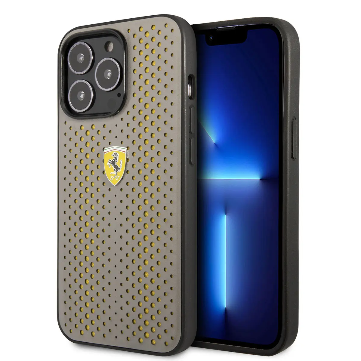 iPhone 14 Pro Ferrari Deri Sarı Noktalı Tasarım Kılıf