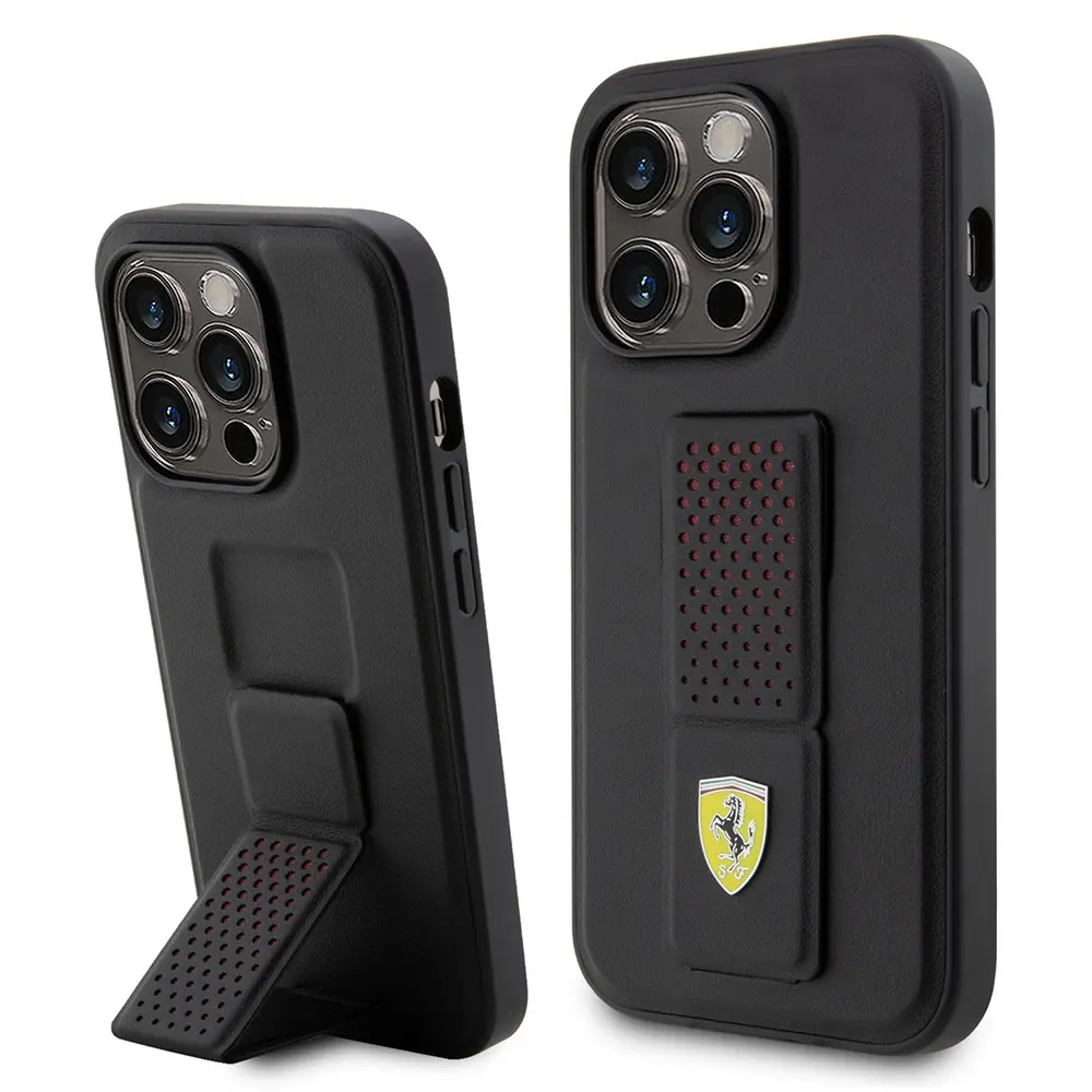 iPhone 14 Pro Standlı Delikli Deri Kılıf - Ferrari Klasik Metal Logo