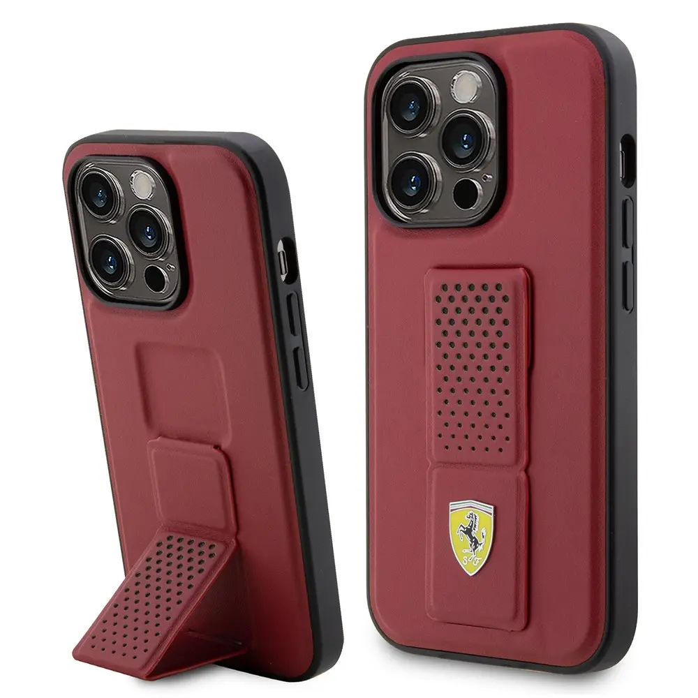 iPhone 14 Pro Standlı Delikli Deri Kılıf - Ferrari Klasik Metal Logo