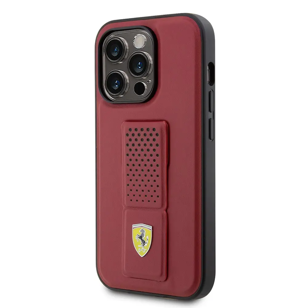 iPhone 14 Pro Standlı Delikli Deri Kılıf - Ferrari Klasik Metal Logo
