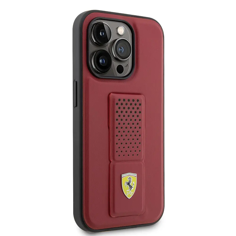 iPhone 14 Pro Standlı Delikli Deri Kılıf - Ferrari Klasik Metal Logo