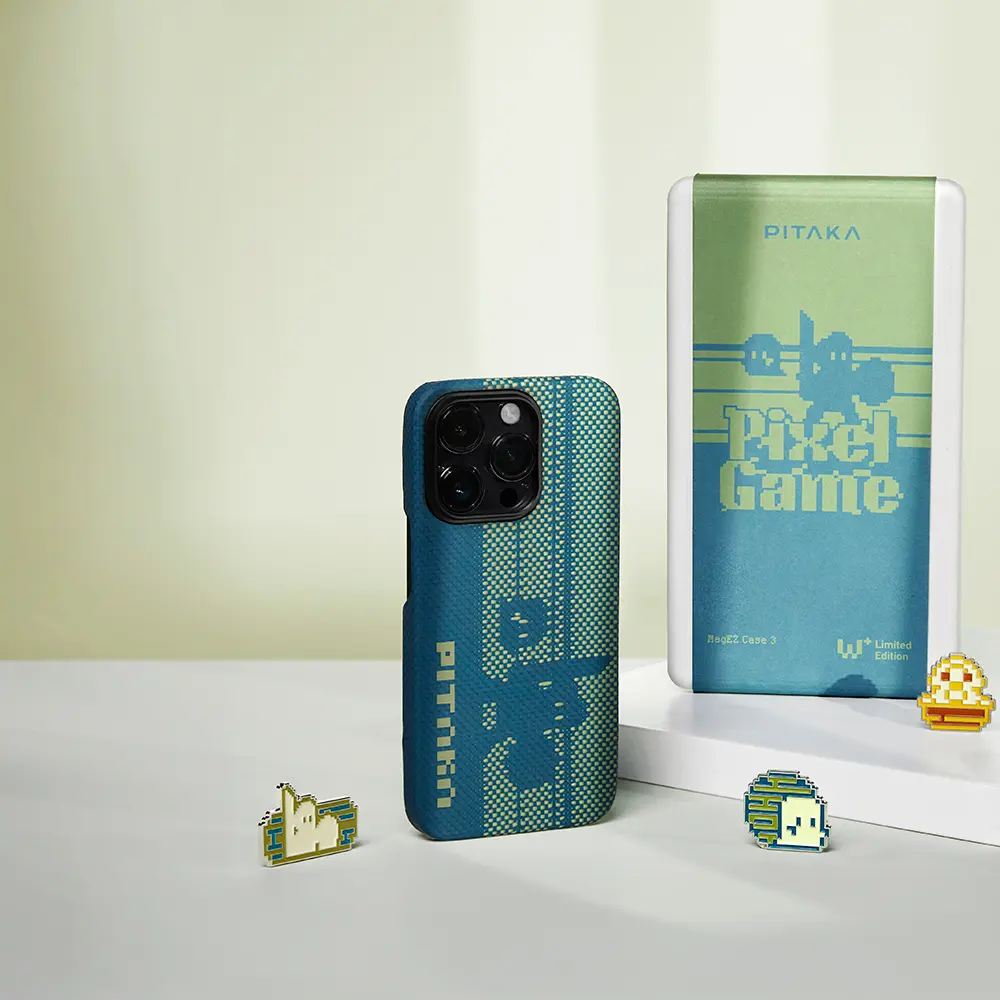 Apple iPhone 14 Pro Kılıf M-safe Şarj Özellikli Aramid Karbon Fiber Pitaka Tactile Woven Pixel Game Kapak