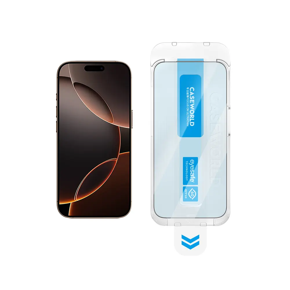 Apple iPhone 14 Pro Max CaseWorld Applicator Serisi 2.5D Eyesafe Mavi Işık Teknolojili 0.33mm Temperli Cam Ekran Koruyucu + Uygulama Aparatı