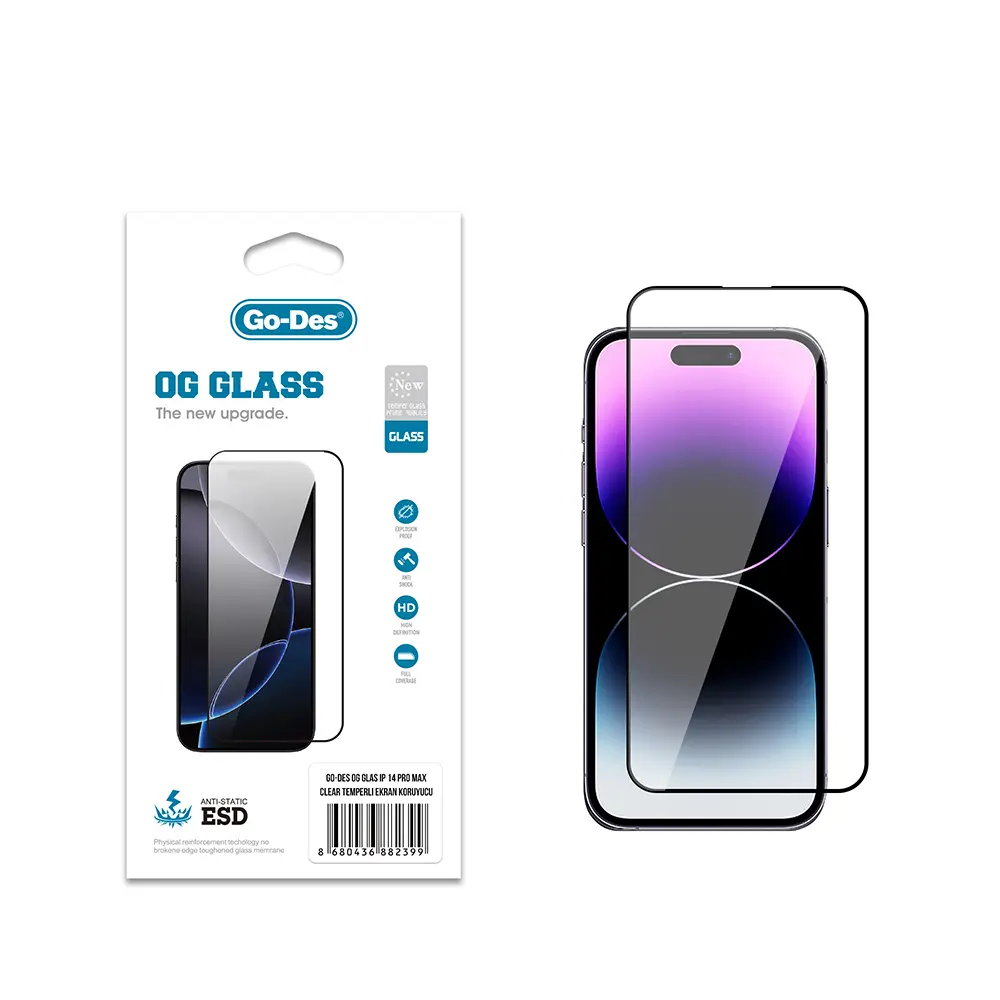 Apple iPhone 14 Pro Max Go Des OG Glass Antistatik Temperli Cam Ekran Koruyucu