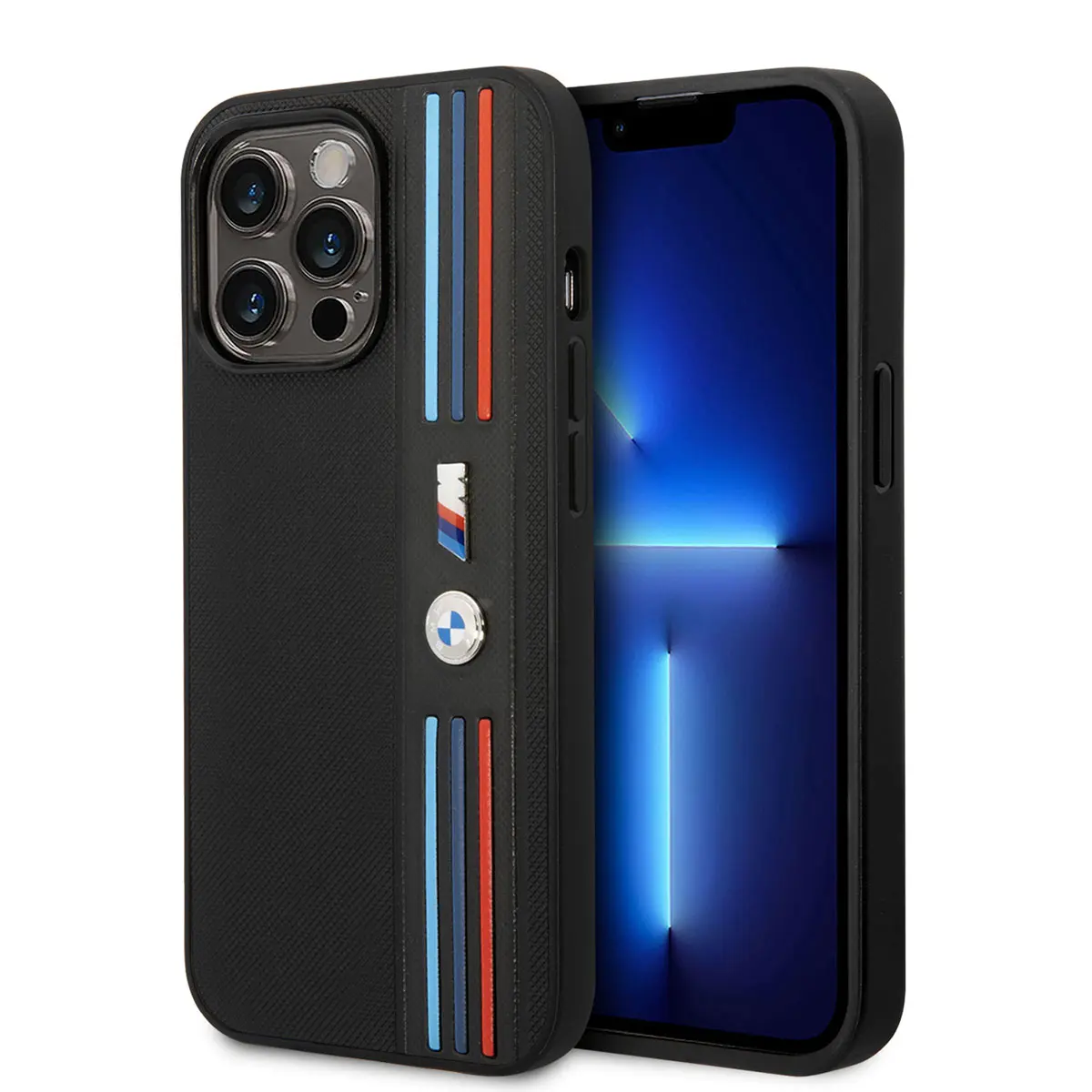iPhone 14 Pro Max PU Deri Kılıf, Üç Renkli Çizgili - BMW