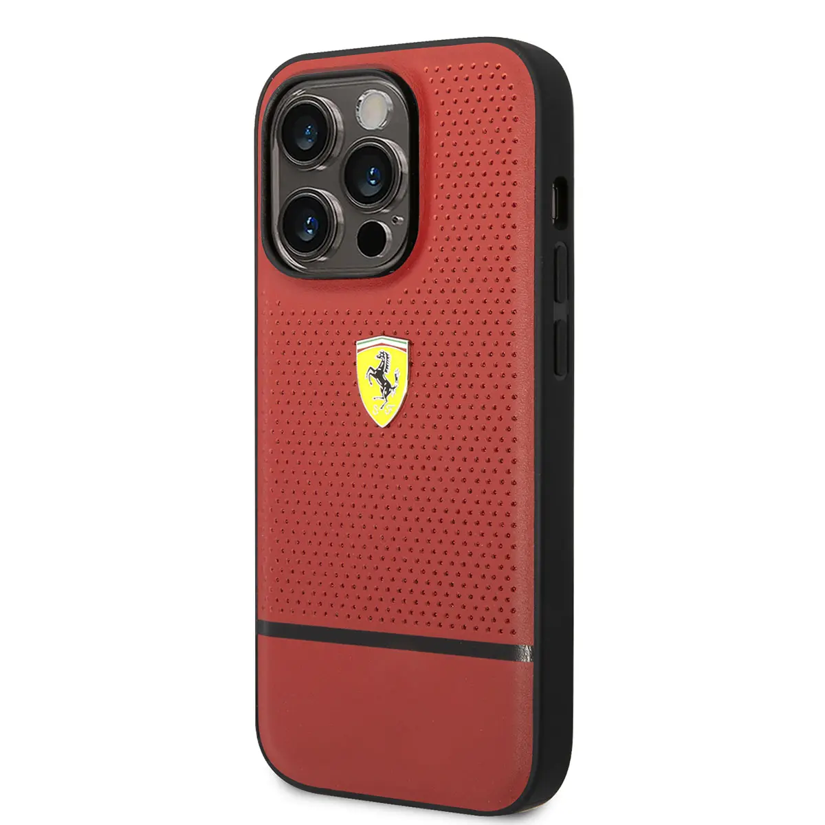 iPhone 14 Pro Max Ferrari Lisanslı Deri Kılıf, Delikli ve Çizgili Tasarım