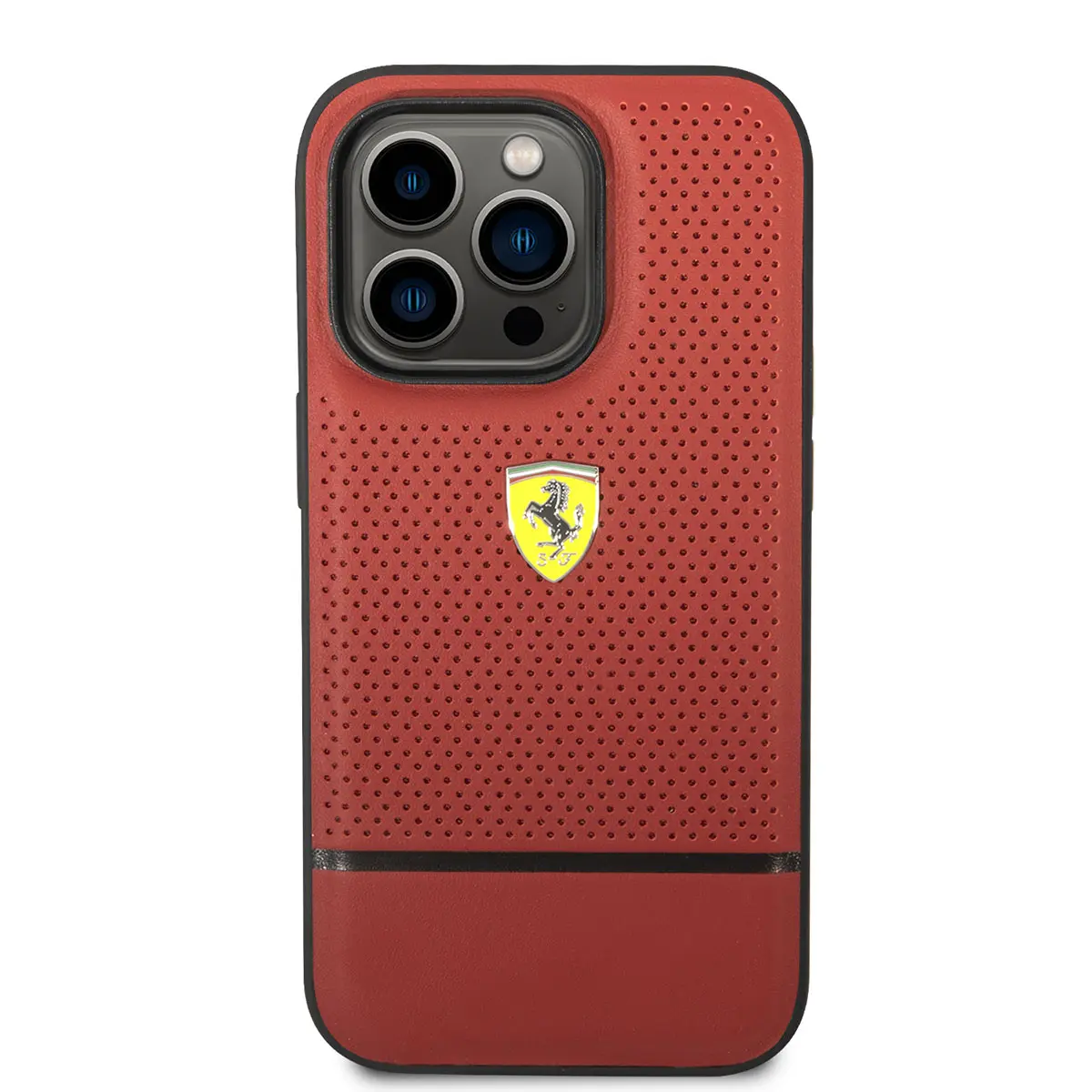 iPhone 14 Pro Max Ferrari Lisanslı Deri Kılıf, Delikli ve Çizgili Tasarım