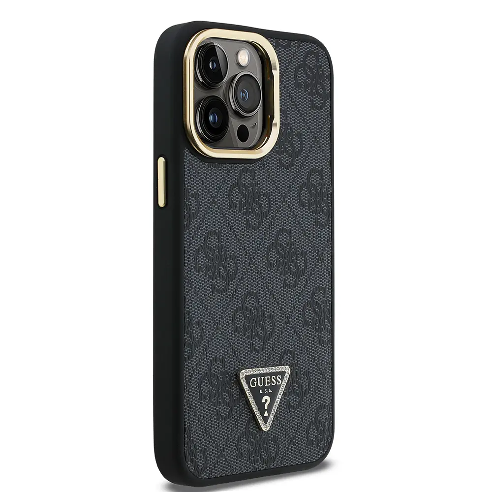 iPhone 14 Pro Max Kamera Standlı Taşlı PU Deri Kılıf - Guess 4G