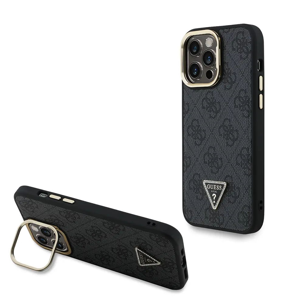 iPhone 14 Pro Max Kamera Standlı Taşlı PU Deri Kılıf - Guess 4G
