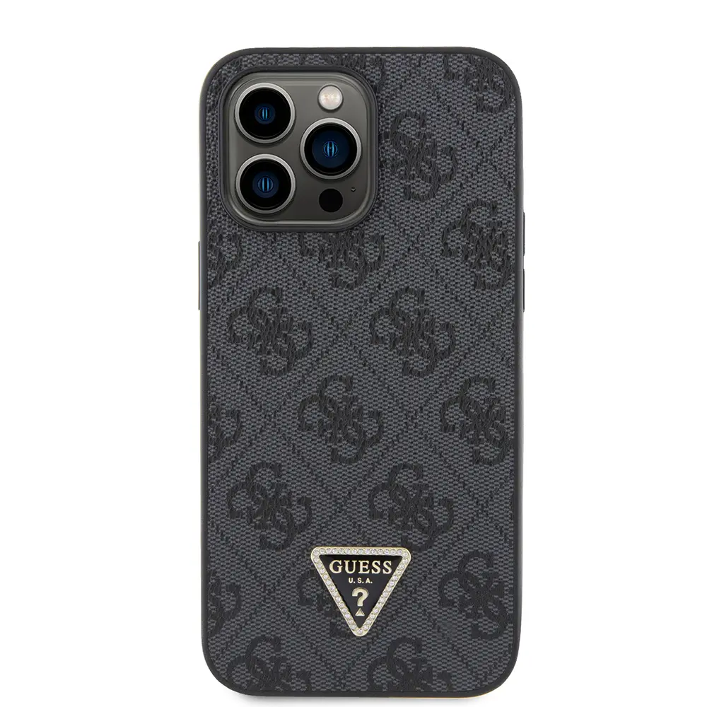 iPhone 14 Pro Max Taşlı Metal Logolu PU Deri Kılıf - Guess 4G