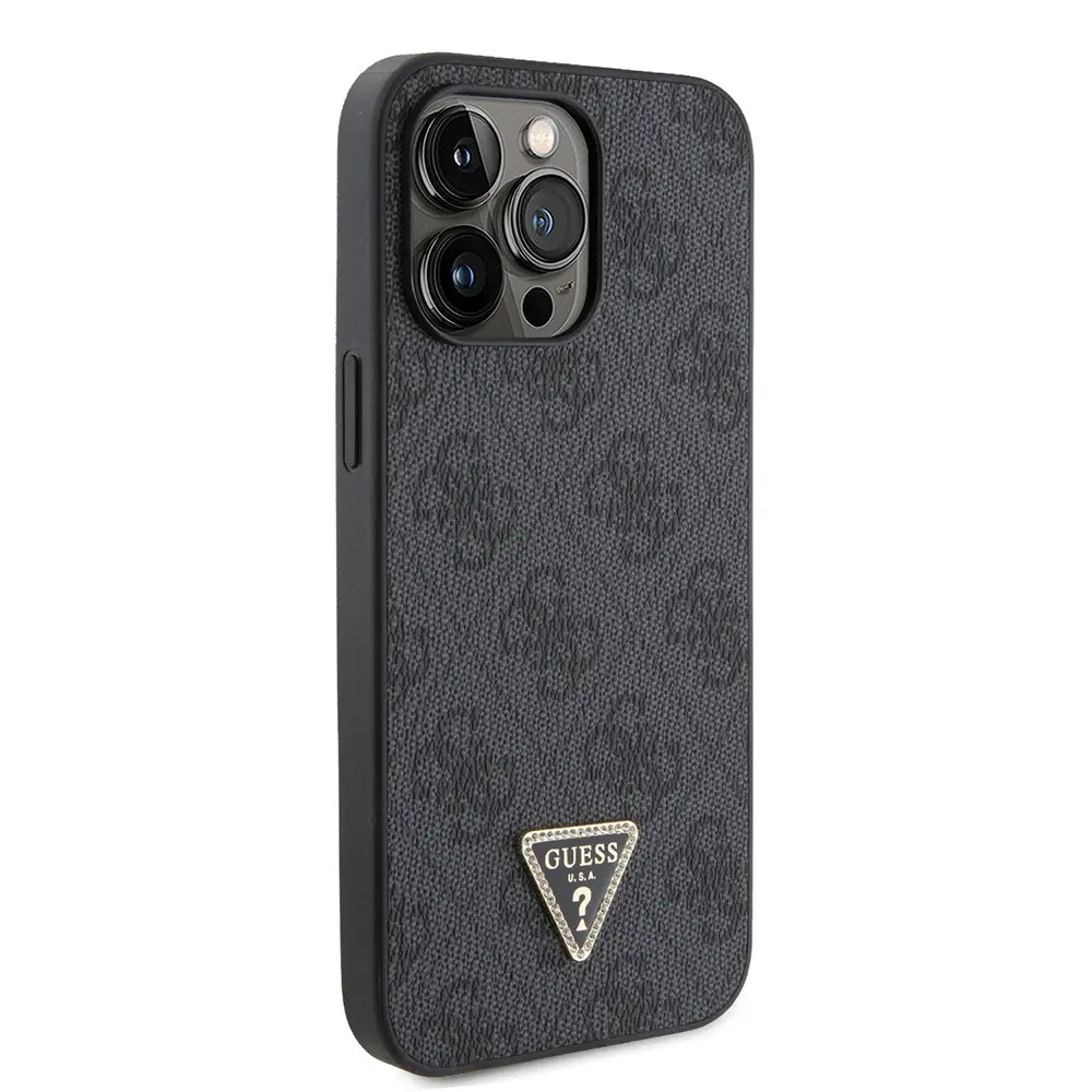 iPhone 14 Pro Max Taşlı Metal Logolu PU Deri Kılıf - Guess 4G