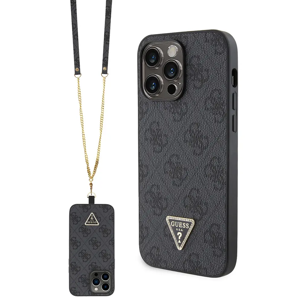 iPhone 14 Pro Max Taşlı Metal Logolu PU Deri Kılıf - Guess 4G