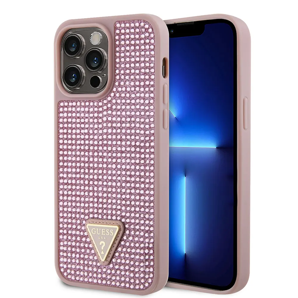 iPhone 14 Pro Max Taşlı Arka Yüzey Üçgen Logolu Kılıf - Guess