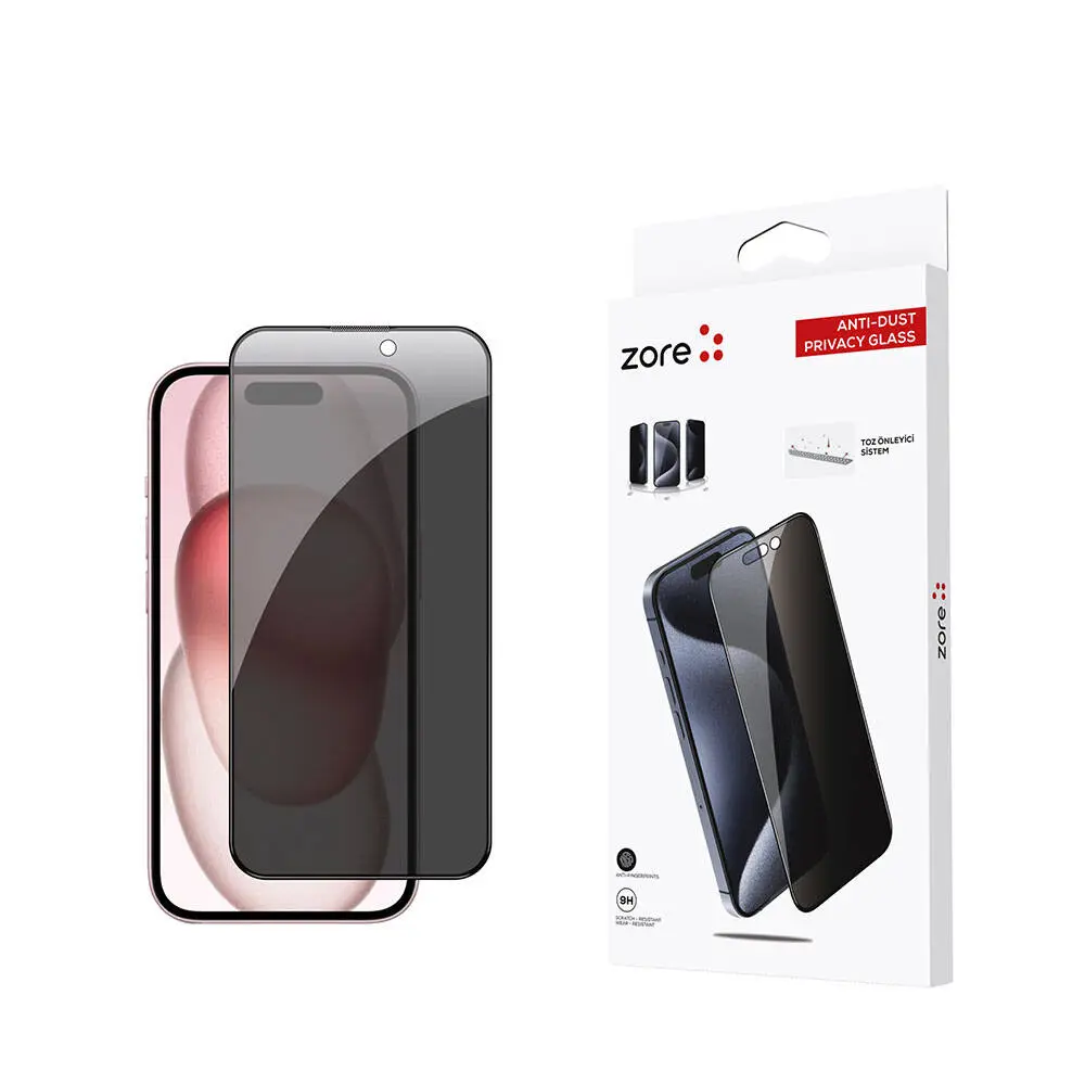 iPhone 15 Hayalet Ekran Koruyucu, Toz Önleyici Temperli Cam - Zore