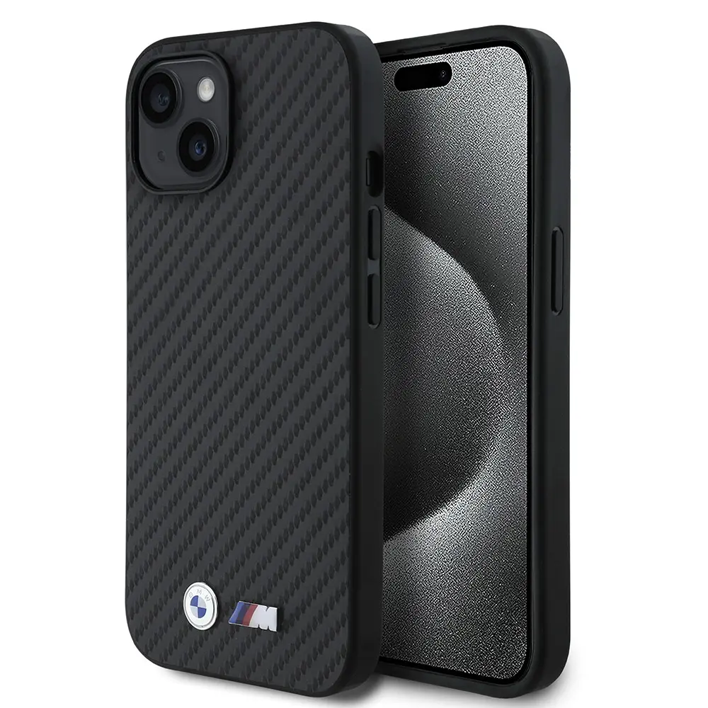 iPhone 15 Kılıf, Karbon Fiber Tasarımlı PU Deri Kapak - BMW Lisanslı