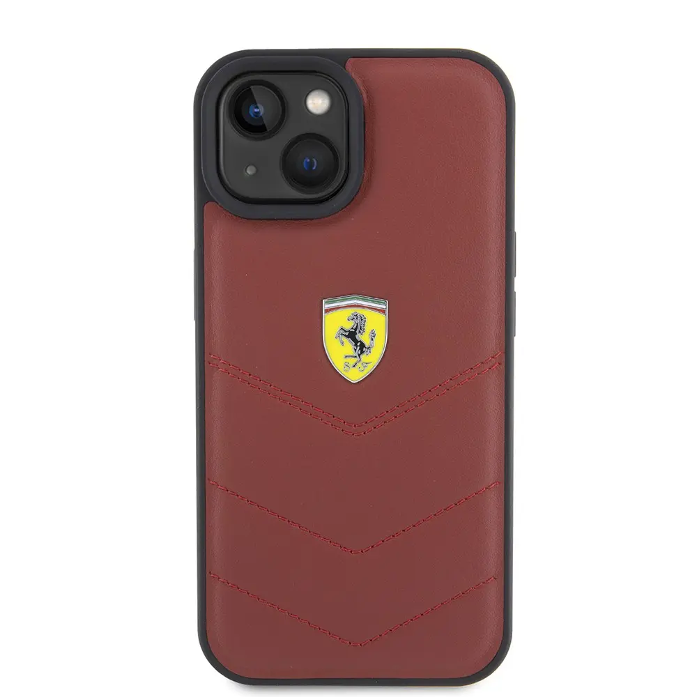 iPhone 15 Deri Dikişli Metal Logolu Kılıf - Ferrari Lisanslı