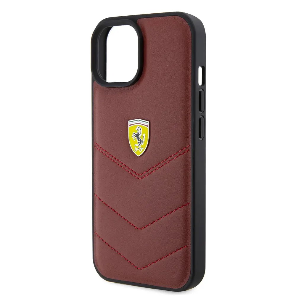 iPhone 15 Deri Dikişli Metal Logolu Kılıf - Ferrari Lisanslı